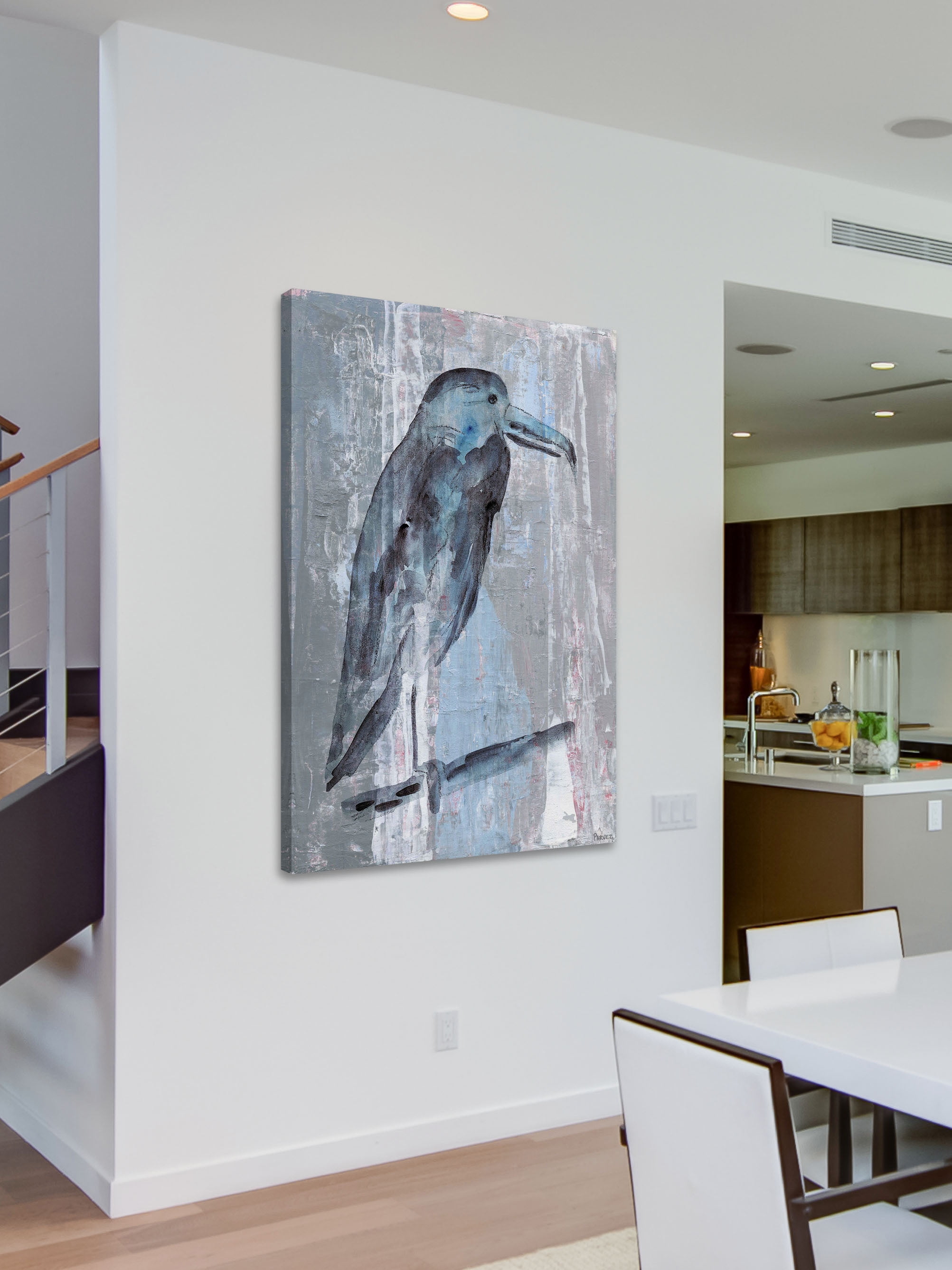 "Blue-Grey Bird" Painting Print on Wrapped Canvas