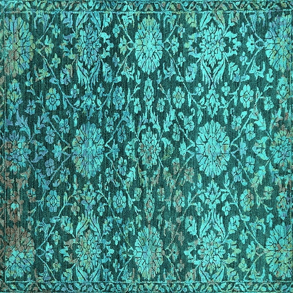 Ahgly Company Machine Washable Indoor Square Oriental Turquoise Blue Industrial Area Rugs, 5' Square