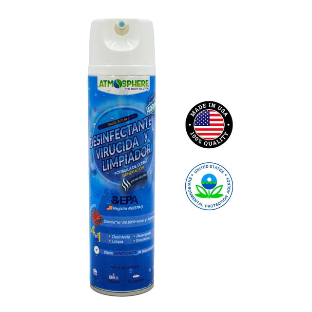 sanitizante virucida y limpiador atmosphere base agua aerosol .400 l envase aerosol Atmosphere frontal, .400 l (400 ml) etiqueta azul con texto 'Desinfectante Virucida y Limpiador', logos EPA y 'Made in USA', tapa pulverizadora blanca; indica base agua y sin alcohol; indicado para desinfectar superficies y ambientes; también suele usarse para sanitizar equipos portátiles de uso no médico.