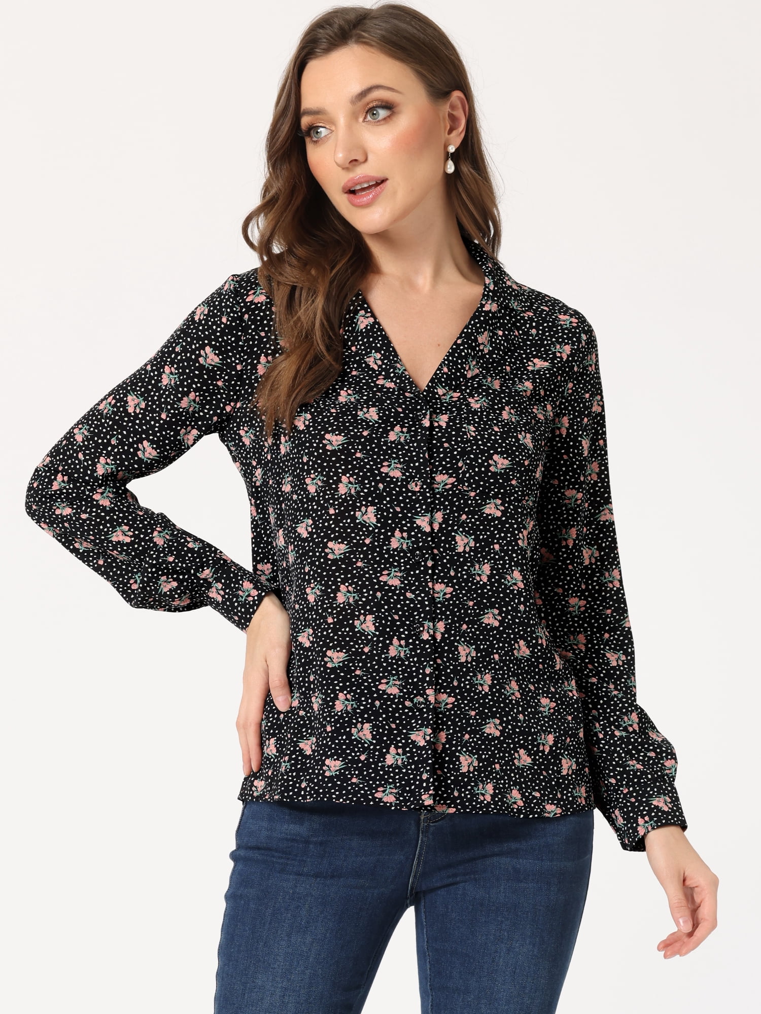 DARING DIVA Women's Valentine Long Sleeve Printed Button Down Tops XL Black Floral