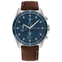 Tommy Hilfiger 1791837 Men's Blue Multifunction Analog Watch Brown Leather Strap