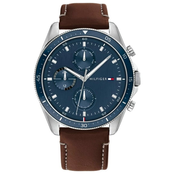 Tommy Hilfiger 1791837 Men's Blue Multifunction Analog Watch Brown Leather Strap