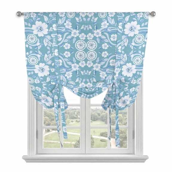 Tie Up Curtains for Windows Teal Flower Valance Adjustable Balloon Curtain Pastoral Floral Tie Up Shades for Kitchen Living Room Bedroom Privacy Curtain Drape 34x45 Inch