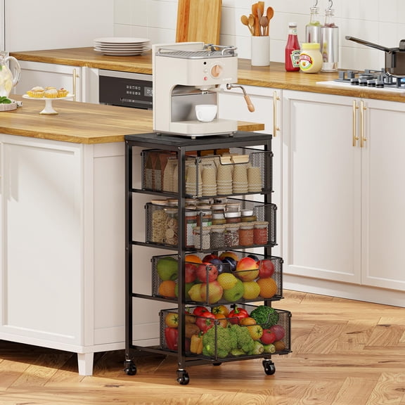 Baxikayon 4-Tier Kitchen Storage Cart with Drawers, Rolling Fruit Vegetable Organizer with Wooden Top for Kitchen & Pantry, Black