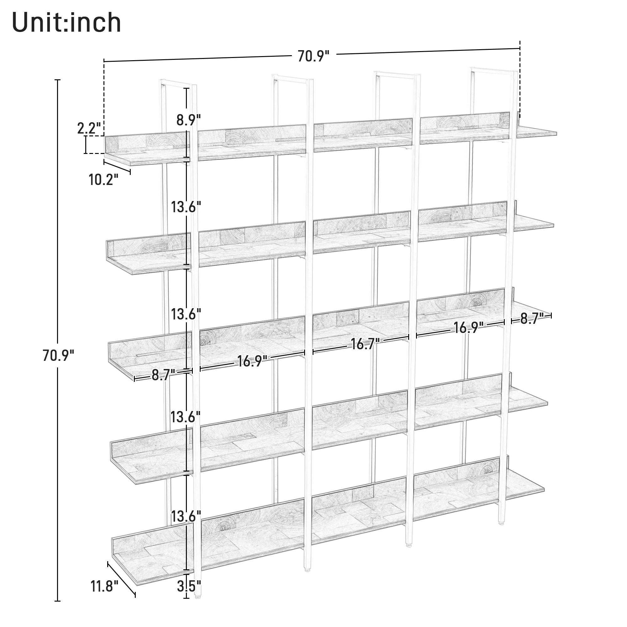 PORKISS 5 Tier Bookcase, Wood & Steel Open Bookshelf with Metal Frame, Square Vintage Industrial Style Tall Bookshelf, Modern Freestanding Etagere Bookcase for Home Office, Brown/White