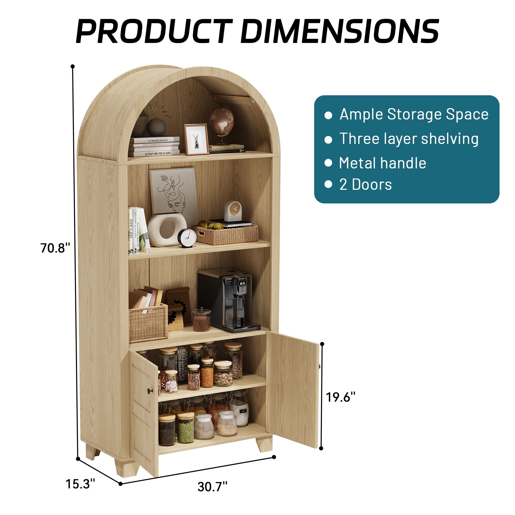 70'' Tall Arched Cabinet, Arched Kitchen Pantry Cabinet with 2 Doors and 5shelves, Open Storage Cabinets Display Bookcase, Versatile Cupboard for Living Room(Wood color)