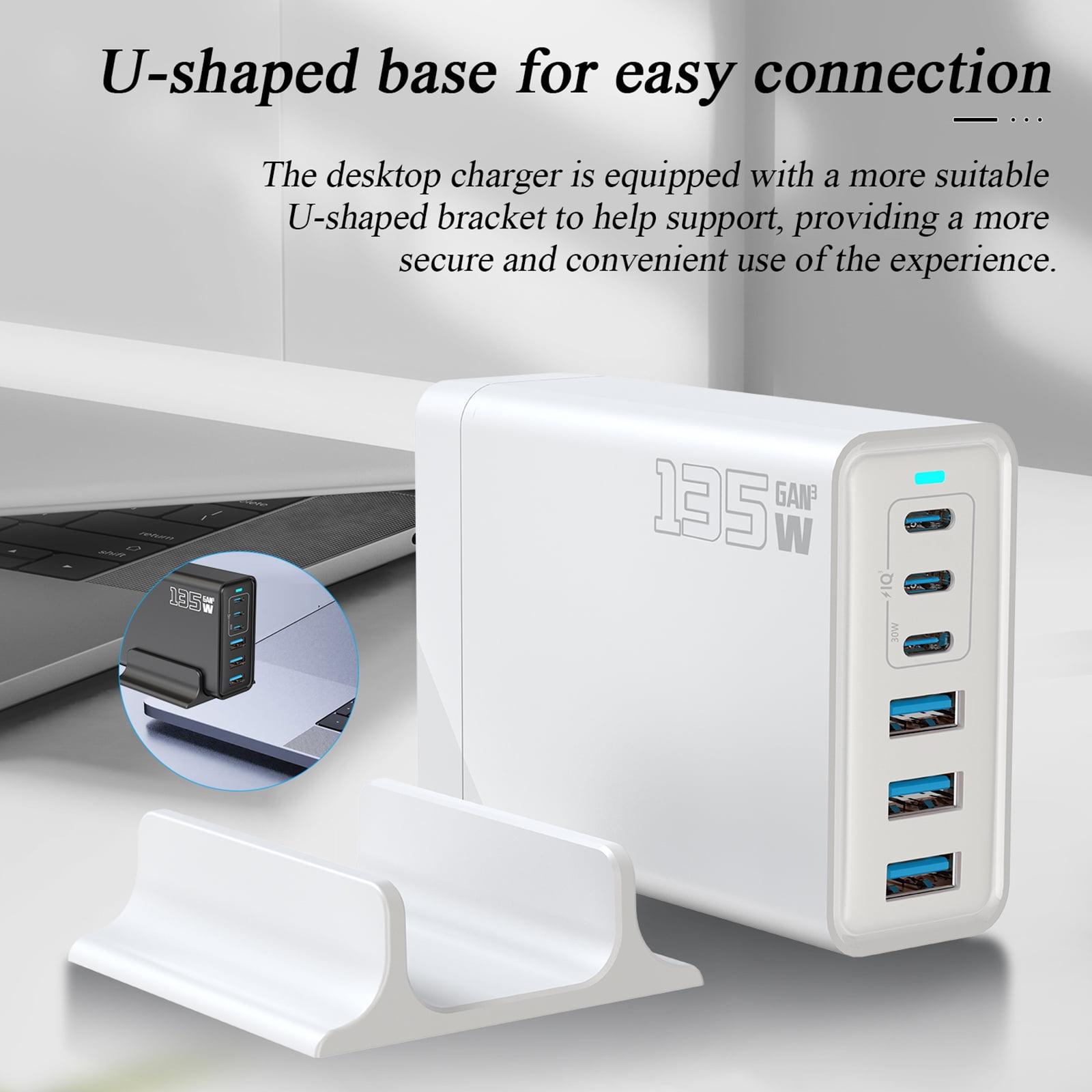 135W GaN 6-Port USB C Charging Station Hub with Holder, Fast Charger Block for MacBook Pro/Air, Dell, iPad, iPhone, Samsung Galaxy