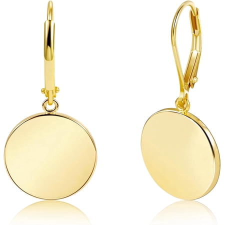 Gold Plated Disc Dangle Earrings for Women – Flat Coin Drop Earrings with Leverback Clasp, Hypoallergenic Classic Jewelry Gift for Her