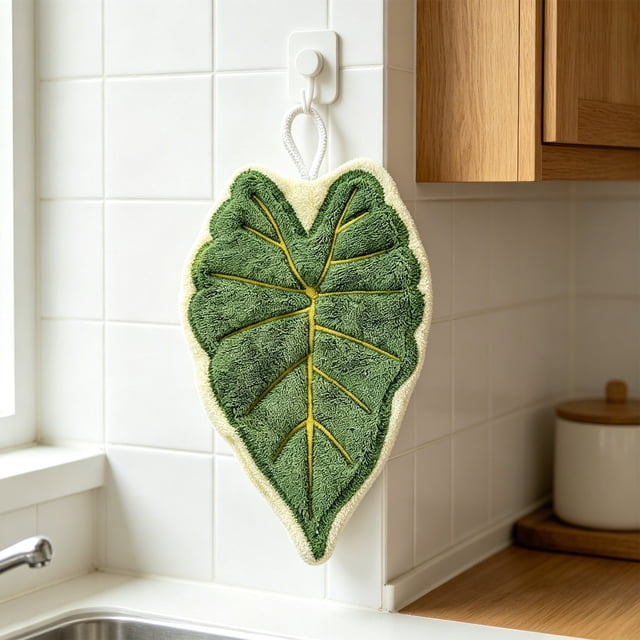 Toalla de cocina y de manos colgante en forma de hoja con lazo, microfibra absorbente, multifuncional, 26x18 cm, multicolor, juego de 1