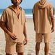 thumbnail image 2 of Conjunto de Pantalones Cortos para Hombre 2 Piezas Outfits Color Sólido Botón Cordón de Lino Camiseta con Capucha Y Pantalones Cortos de Playa, 2 of 9