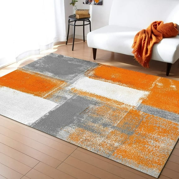 Nordic Art Indoor Throw Rug, Modern Orange Gray White Geometry Squares Area Rugs For Living Room, Soft Non-Slip Washable Low Pile Carpet For Bedroom Entryway Hallway Dining Room 3x4ft