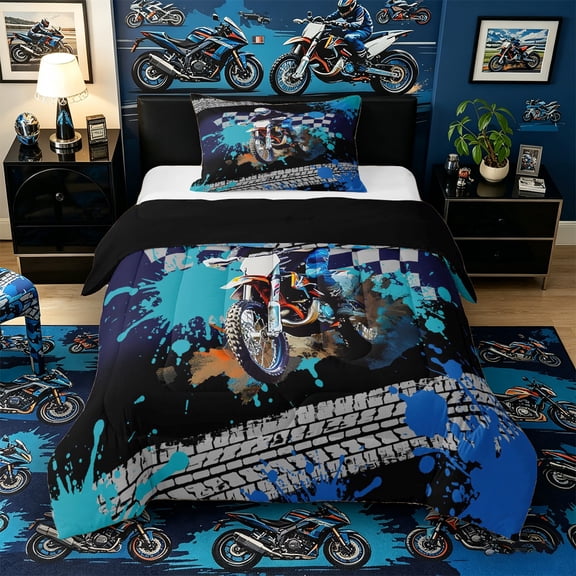 Castle Fairy Cool Dirt Bike Twin Comforter Sets 3-Piece for Boys, Bold Motocross Graphic Bedding Set for Bedroom, Blue,Black Reversible