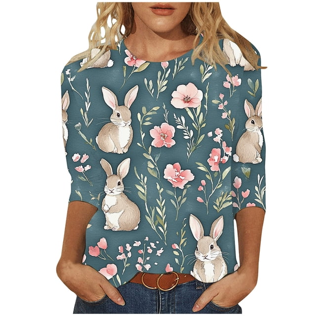 Hyknon Hauts pour Femmes Mode Imprimé Graphiques de Pâques Manches 3/4 Col Rond Tunique Été Décontracté Léger Pull Polyvalent Blouses