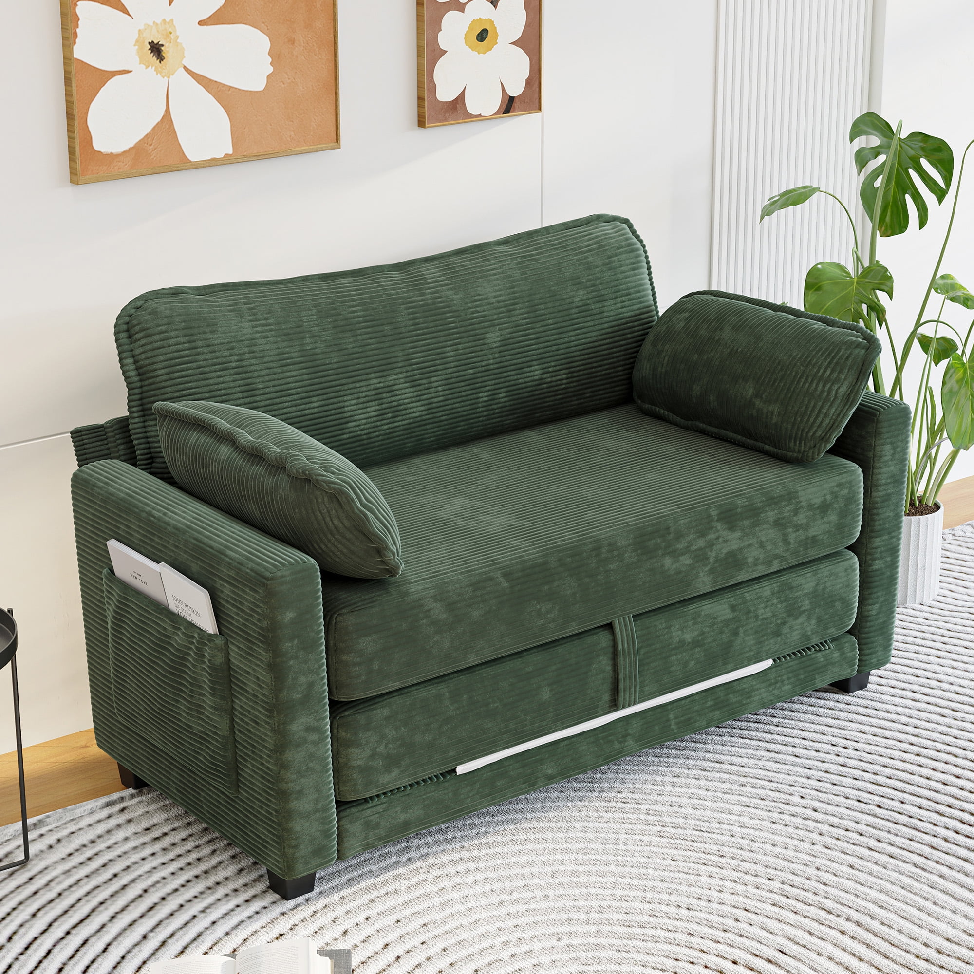 Convertible Sofa Bed, Loveseat Sleeper, 2-in-1 Sofa with Skin-Friendly Corduroy Fabric, Zero-Threshold Form Switch and Side Storage Pocket, for Small Space Living Room, Dark Green