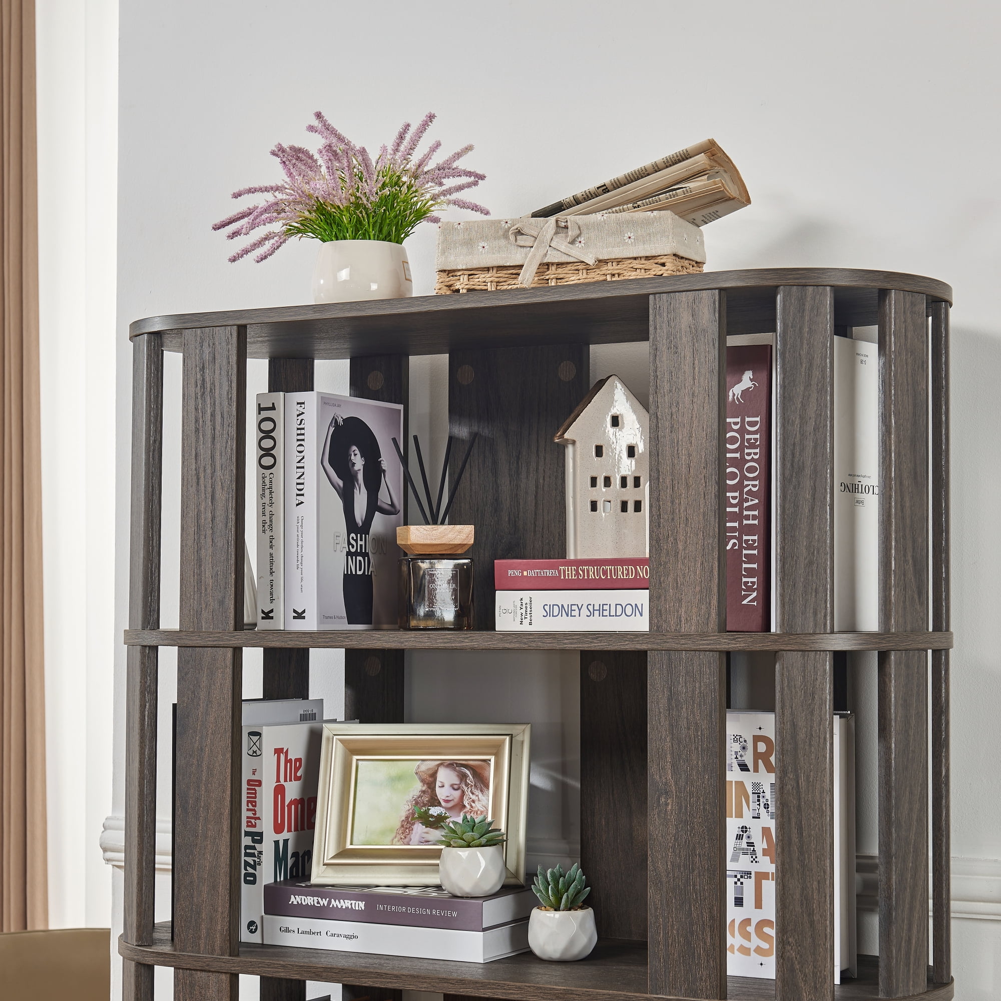 Leumius Wooden Oval Open Bookshelf, 5-Tier Freestanding Bookcases,Easy Assembly DIY Free Combination Storage Cabinet Storage Display Rack for Living Room Home Office Decor,Dark Brown