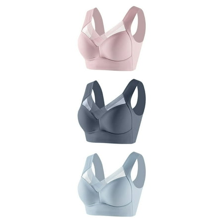 GERsome Wireless Bras for Women Pack of 3 Assorted Color Seamless Full Coverage Comfortable Soft V Neck No Underwire Support Push Up Everyday Bra 3pcs-Pink/Gray/Blue XXL