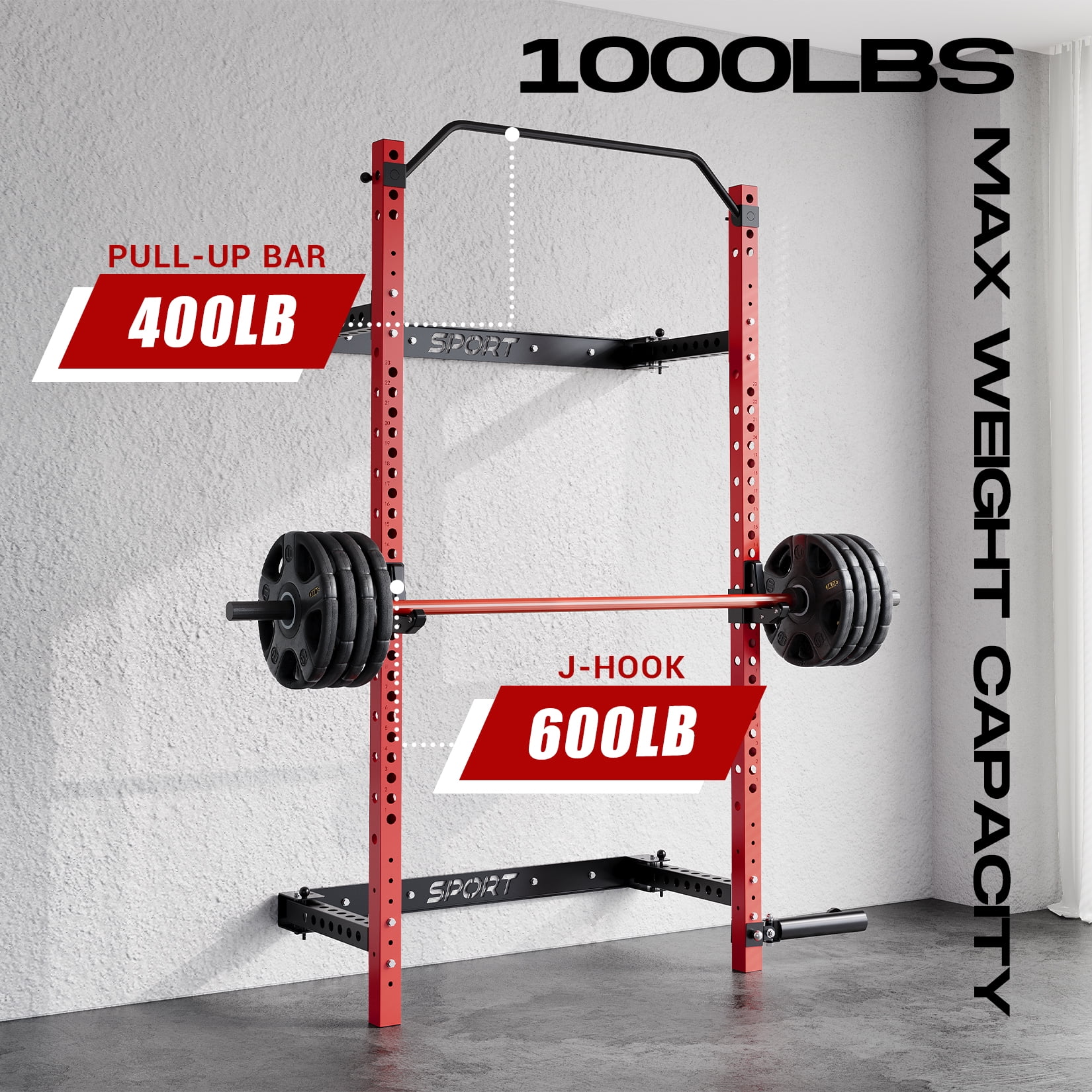 Folding Wall Mounted Squat Rack for Home Gym – 1000lbs Heavy Duty Power Rack with Adjustable Pull Up Bar, J-Hooks & 360° Landmine – 2.36" Steel Frame, Collapsible Space-Saving Design for Garage