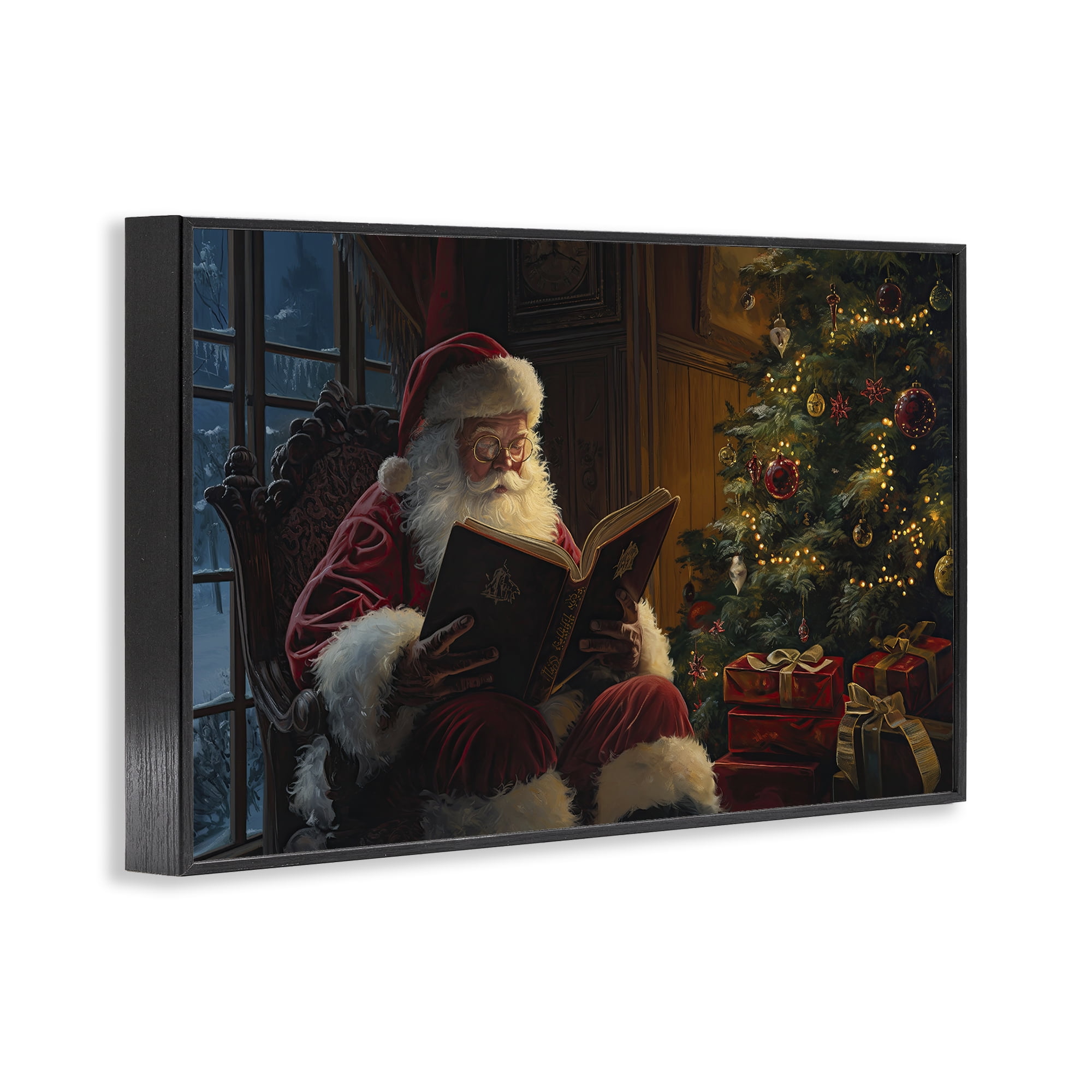 Stupell Industries Santa Reading by Tree Holiday Painting Black Framed Art Prints Wall Art, 18 x 12