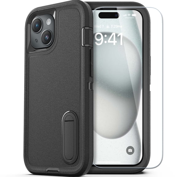 Heavy Duty Military Grade Shockproof Phone Case compatible with Apple iPhone 15, Built-in Screen Protector and Kickstand, Protective Full Body Cover