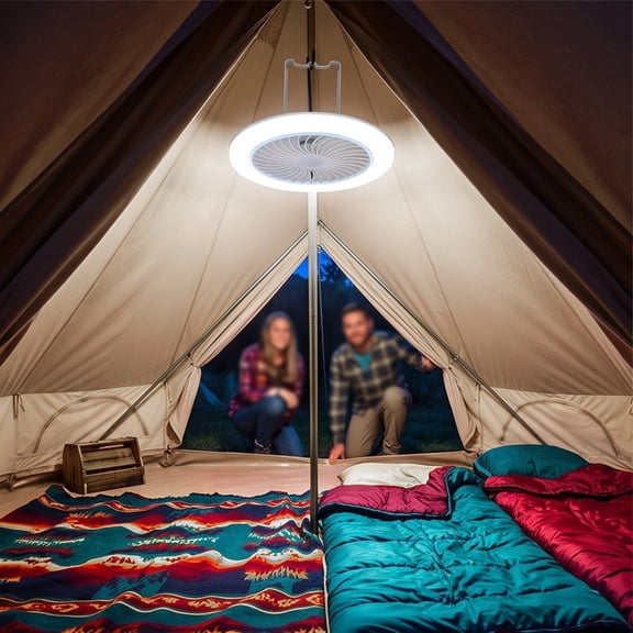 MMJ Portable Fan, Solar Powered Camping Fan with LED Light, USB Rechargeable, Large Capacity Battery, Hanging Hook for Outdoor Tent, 9.06x9.06x2.76in