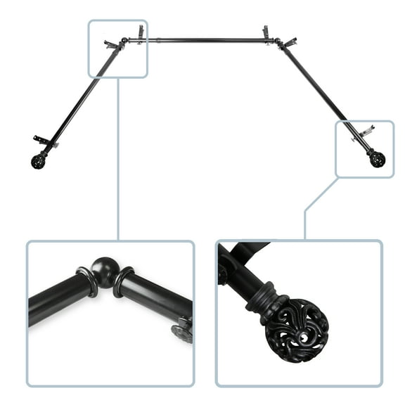 Theodor 13/16" Bay Window curtain rod 20"-36", 38"-72" - Black,(ABay-16-2)