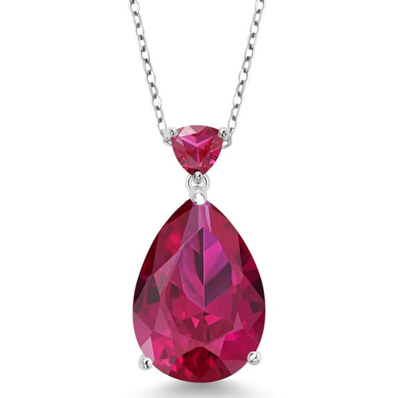 Gem Stone King 13.43 Cttw Red Created Ruby Pendant Necklace for Women | 925 Sterling Silver  | 18X13MM Pear Shape | With 18 inch Silver Chain