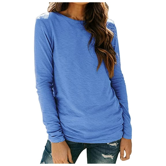 Long Sleeve Shirts for Women T Shirts Fall Tops Solid Color Crewneck Cute Tee Shirts Blue XL