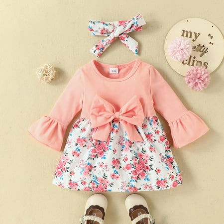 

OQCKIDS Girls A-Line Jumper Dress Knee Length All-Season Floral Flower Long Sleeve Butterfly Sleeve Crew neck