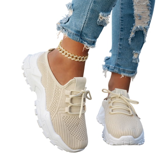 Womens Orthopedic Sneakers Comfortable Mesh Lace up Sports Shoes Breathable Wedge Platform Casual Walking Shoes Lightweight Arch Support Anti-Slip Sneakers for Outdoor Running Gym(Beige, 5.5)