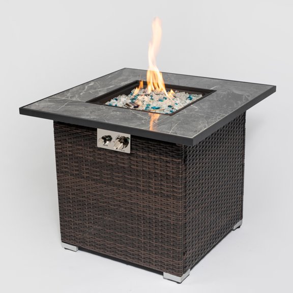 30" Propane Gas Fire Pit Table, 50000 BTU Square Fire Pit, Tile Tabletop with Beautiful Wicker Base for Outside Patio Deck Garden Courtyard-Brown