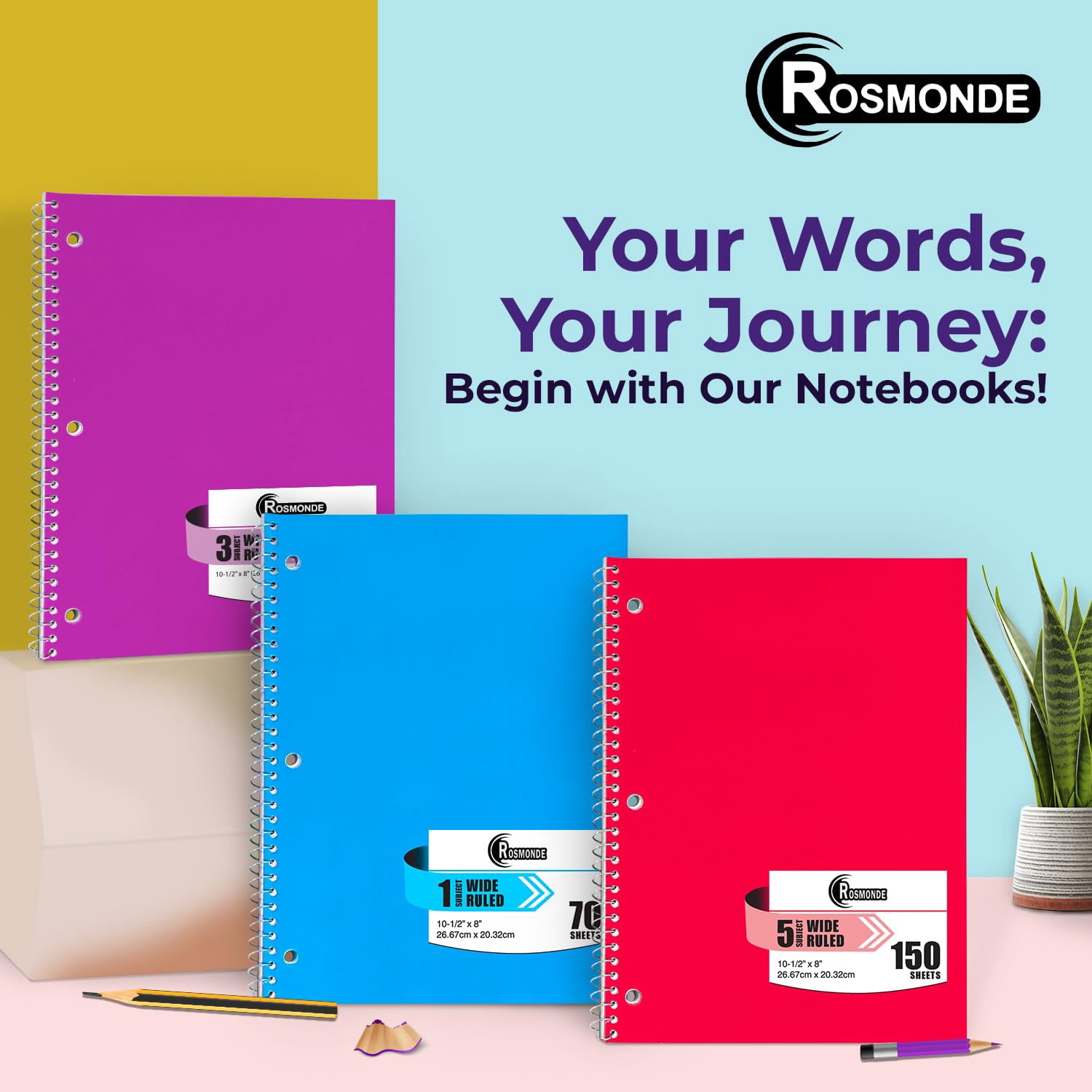 Rosmonde Spiral Notebooks 12 Pack, 5 Subject, 300 Pages (150 Sheets), Wide Ruled, 8 x 10.5 in, Soft Cover, Bulk Spiral Notebooks for School & Office, Assorted Colors