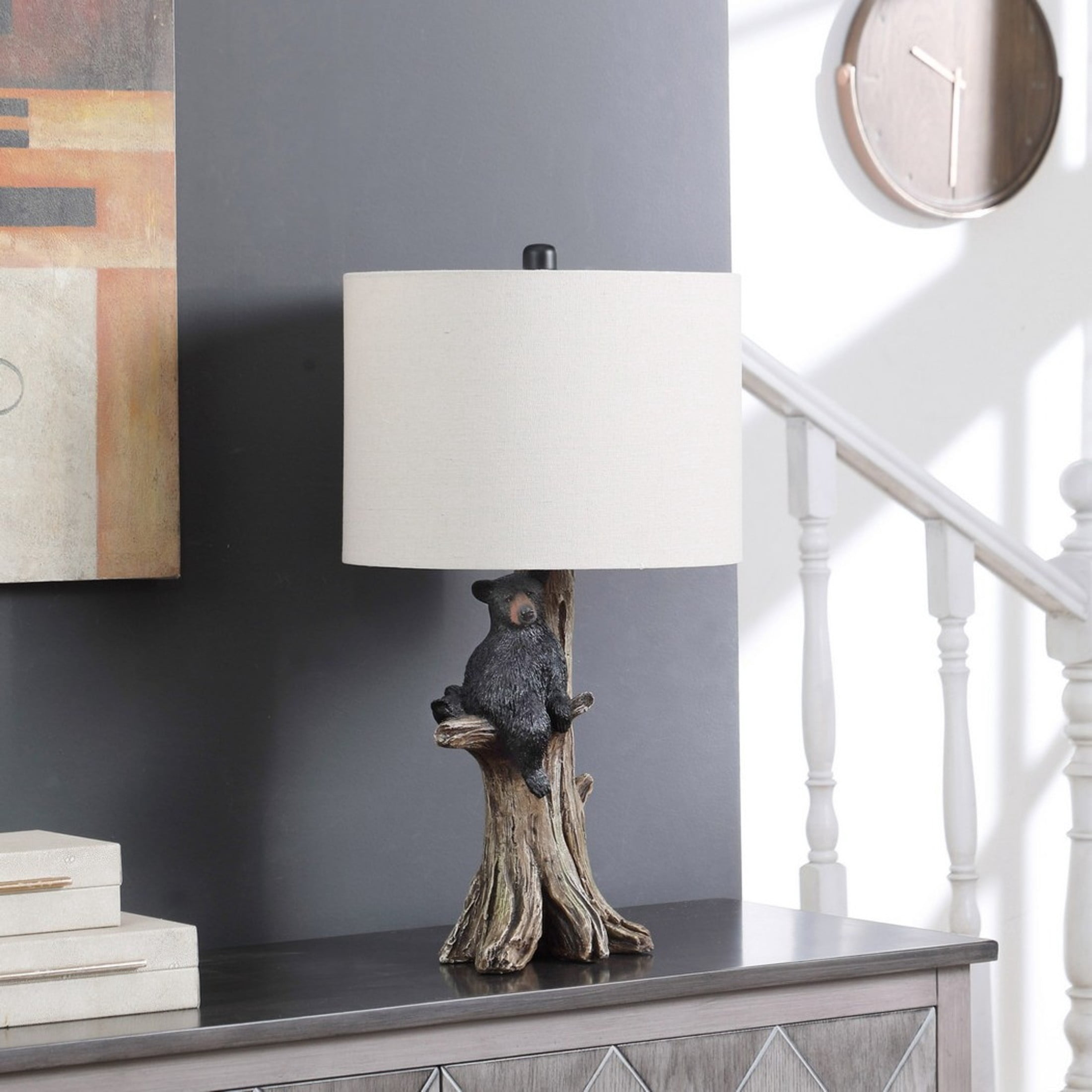 Noble House 24.75" Black Bear on Tree Table Lamp, Polyresin Figurine, Beige Drum Shade, E26 Light Bulb, Multicolor