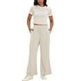 thumbnail image 1 of Conjunto de sudadera de dos piezas de verano para mujer ATHLECHIC, con camiseta de manga corta y cuello redondo, pantalones anchos, talla L, color caqui, 1 of 5