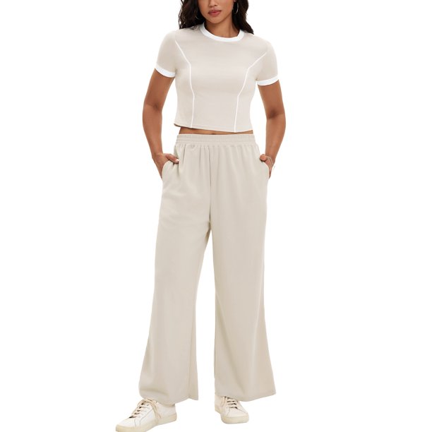 Conjunto de sudadera de dos piezas para mujer ATHLECHIC, con camiseta de manga corta y cuello redondo, pantalones anchos, color caqui, talla M