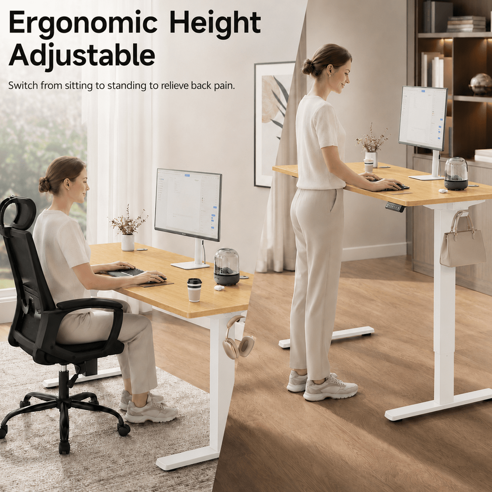 Alvantor Standing Desk, 28.7''- 48'' Height Electric Height Adjustable Home Office Desk with 3 Memory Presets, Sit and Stand Up, T-Shaped Frame