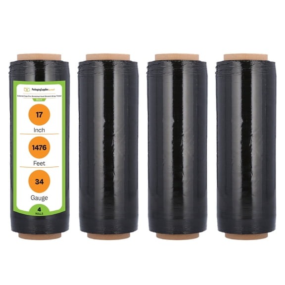 PSBM Cast Hand Pre-Stretched Stretch Wrap 17" x 1476' 4 Rolls 34 Gauge Plastic Tinted Black Shrink Film for Packing
