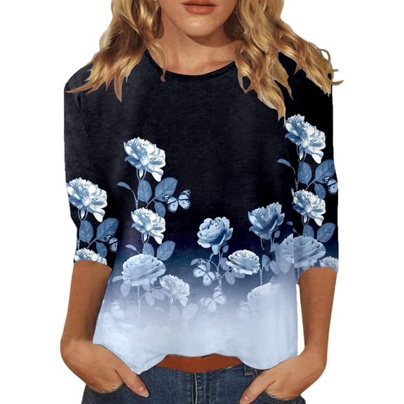 WEIWEN Crew Neck T Shirts for Women Floral Summer Tops 3/4 Sleeve Shirts Fashion Casual Tunic Tops Women's Oversized Tshirts (Blue, Size XXL)