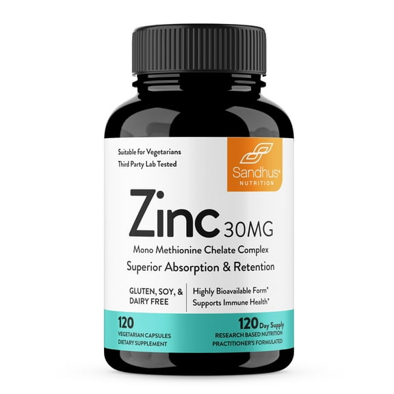 Sandhu's Zinc 30 mg, Immune Support Supplement for Men & Women, High in Absorption, 120 Count