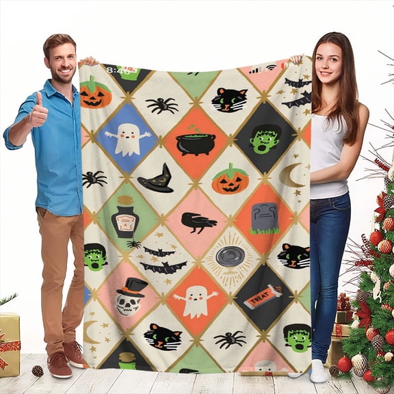 Halloween Plush Fleece Blanket - Ultra-Soft Flannel All-Season Cozy Throw with Witches, Ghosts, Frankenstein & Mummy Characters - Bedspread, Couch Cover, Party Decor - Multi-Color Gift &