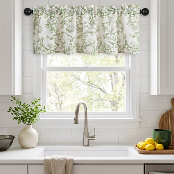 Hiasan 42 x 18 Inch Kitchen Valance Curtain, Linen Leaf and Branch Pattern Valance for Bedroom Living Room, Rod Pocket Farmhouse Light Filtering Window Valance Curtain, Green on Protea Line, 1 Panel