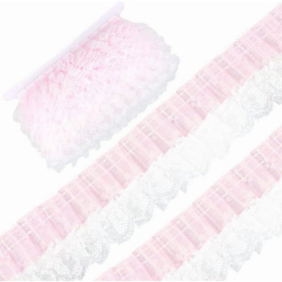 10 Yards 2 Layer Lace Ribbon Pleated Organza Trim 2 Inch Wide Pink Gathered Ruffled Tulle Fabric Mesh Edging Trimmings Applique for Clothing Embroidered Wedding Dress Sewing Crafts Bouquets