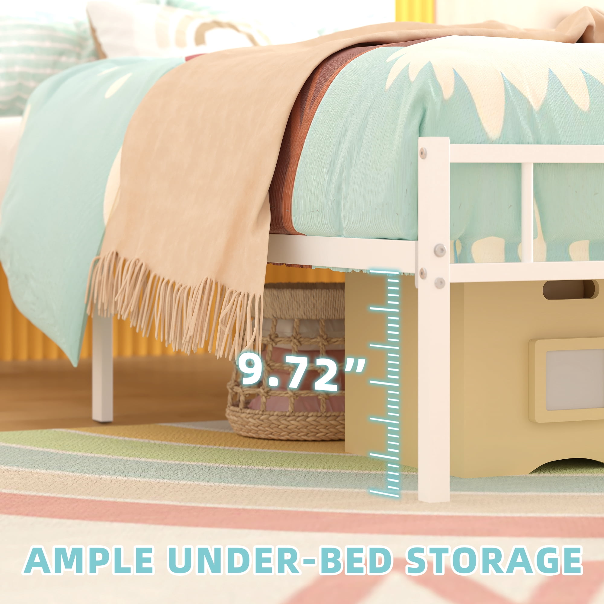 Yoneston Twin Platform Bed Frame with LED Storage Headboard & Charging Station, 2 -Tier Shelves and Under Bed Storage for Kids Teens, White