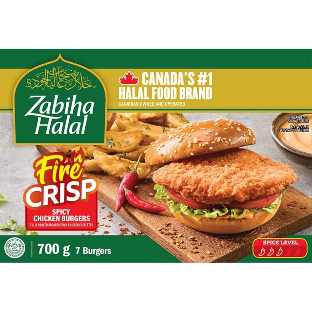 Zabiha HalalTM Fire Crisp burger de Poulet Épicé Pané avec Escalope de Poulet Panée Croustillante sur un Petit Pain aux Graines de Sésame, Superposé avec Laitue et Tomate, Servi aux Côté de Quartiers de Pommes de Terre Assaisonnés et de Piments chili Rouges sur une Planche en Bois, Affichant un Niveau d'Épices Moyen à Élevé; Surgelé, Lot de 700 g avec 7 burgers, Convient à la Préparation de Repas Surgelés Rapides.