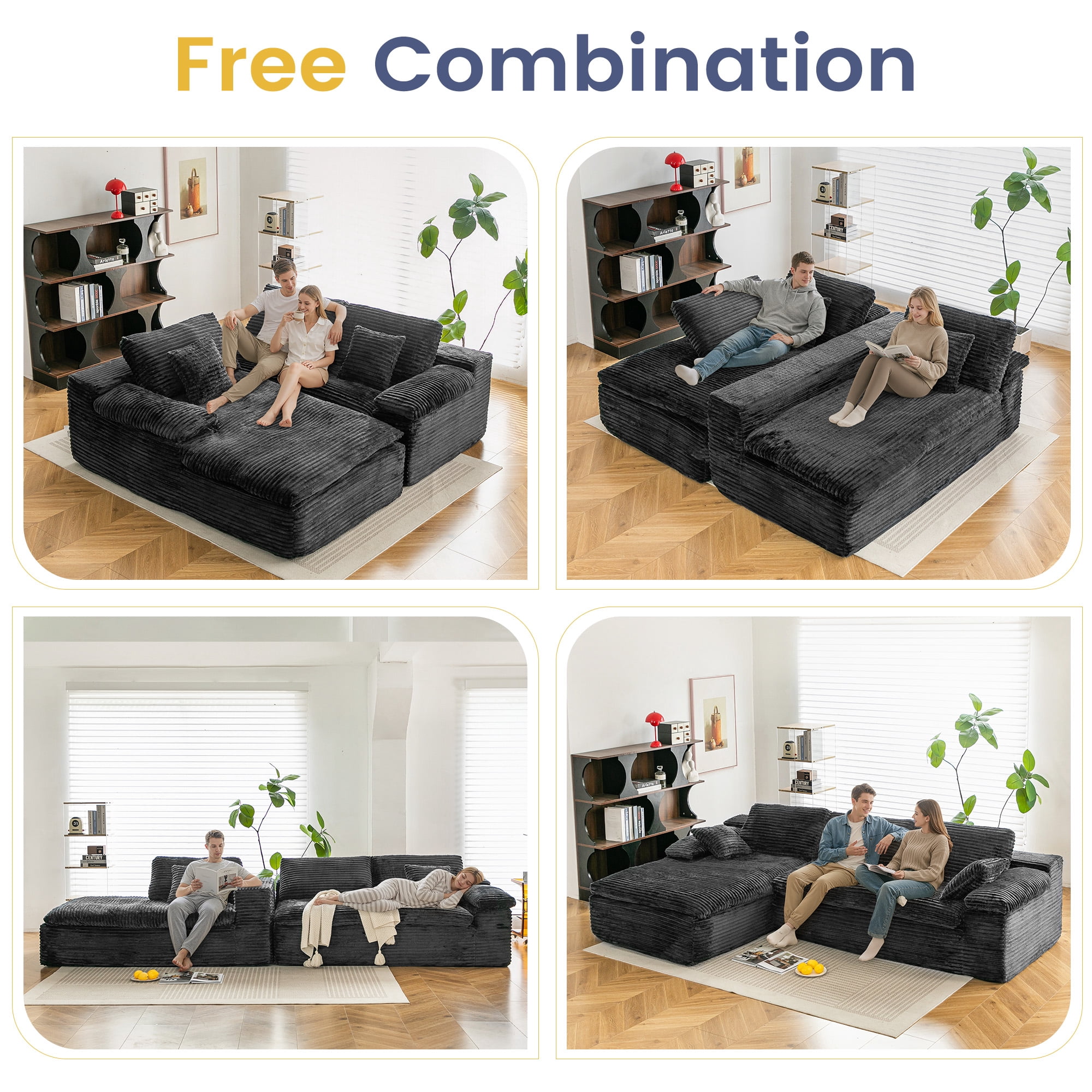 YODOLLA 110" L Shaped Modular Sectional Sofa for Living Room, Cloud Boneless Couch with Fluffy Seat Cushion, No Assembly Required, Corduroy, Black