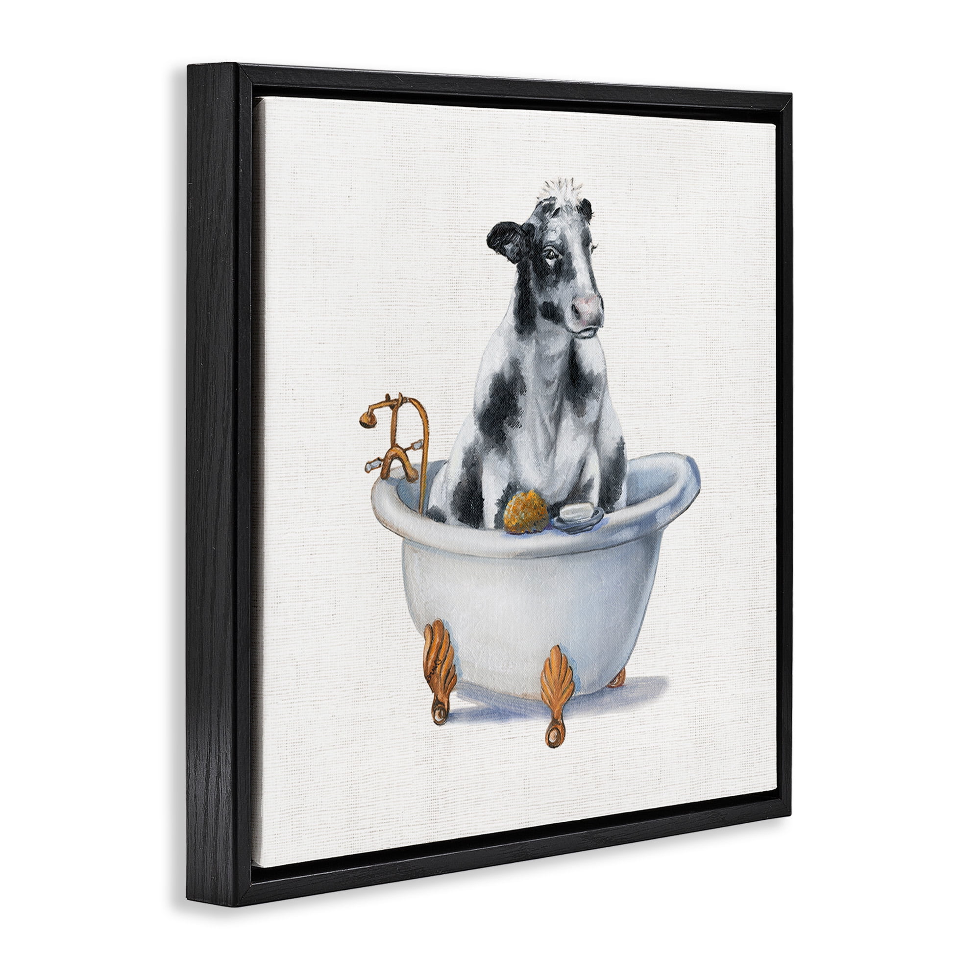 Stupell Industries Dairy Cow in Bathtub Animals & Insects Painting Black Floater Framed Canvas Art Print Wall Art, 25 x 25