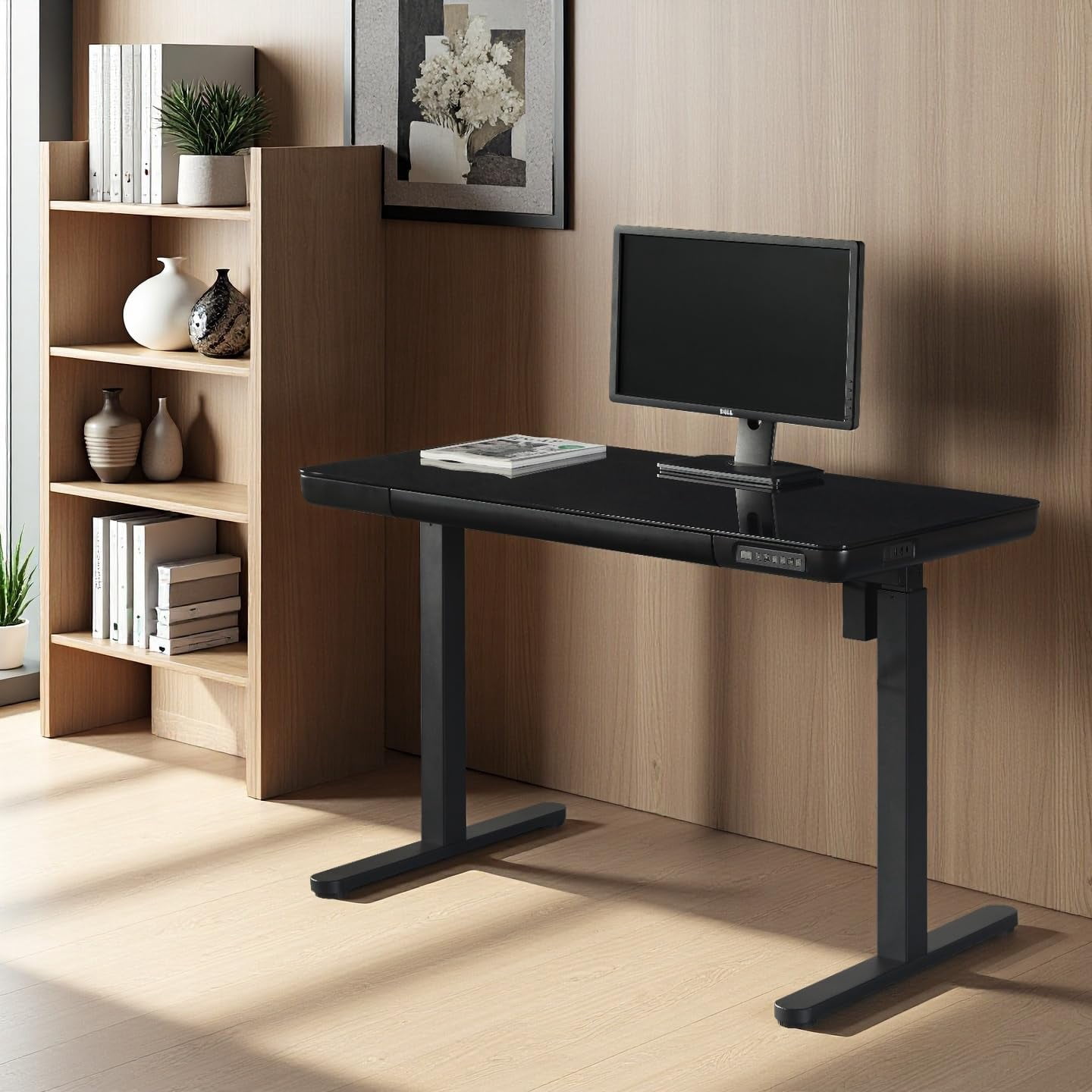 Pemberly Row 48" Tempered Glass Electric Wood Standing Desk with Drawer in White