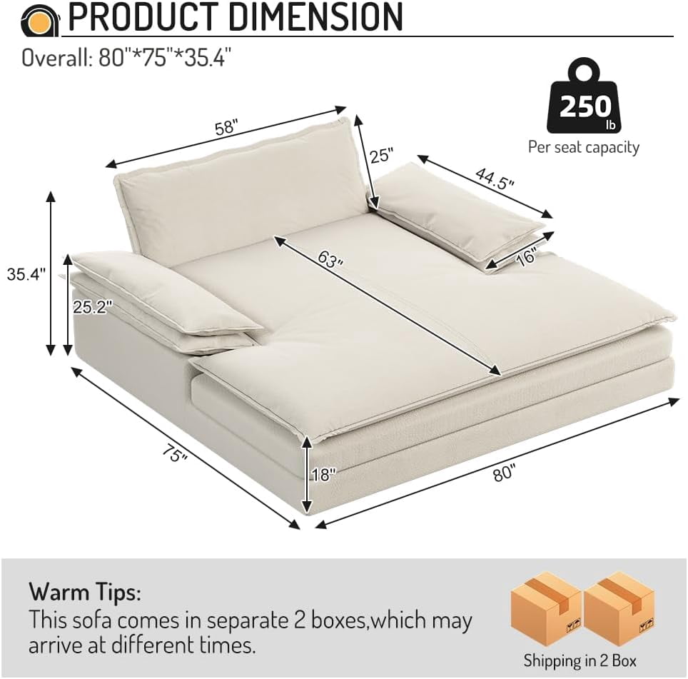 80'' Oversized Chaise Lounge Chair Indoor, Cloud Sofa Couch, Modern Deep Seat Recliner, Upholstered Chenille Sleeper Loveseat with Large Pillow Arms for Living Room, Apartment, Balcony, Beige