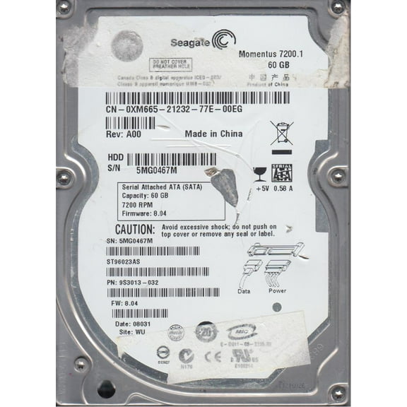 ST96023AS, 5MG, WU, PN 9S3013-032, FW 8.04, Seagate 60GB SATA 2.5 Hard Drive