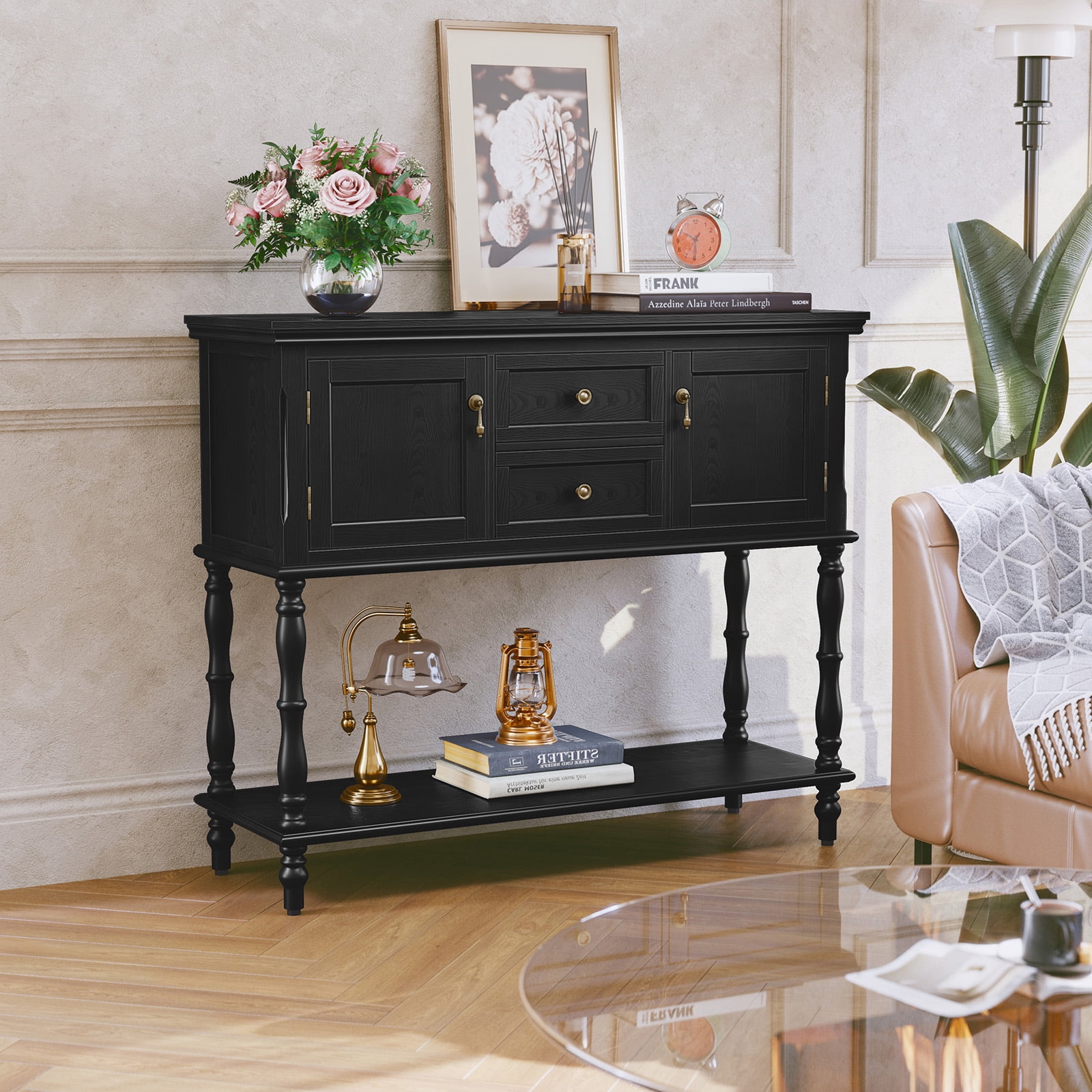CBJCBJ 42" Farmhouse Console Table , 2 Drawer Narrow Long Entryway Table with Open Storage Shelf , for Living Room, Black