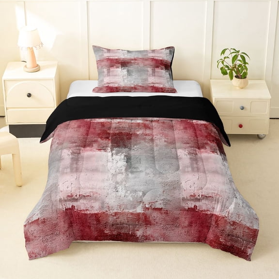Homewish Red Gradient Plaid Twin Comforter Sets,Abstract Geometric Bedding Set,Black Reversible,2-Piece,1 Comforter and 1 Pillowcase